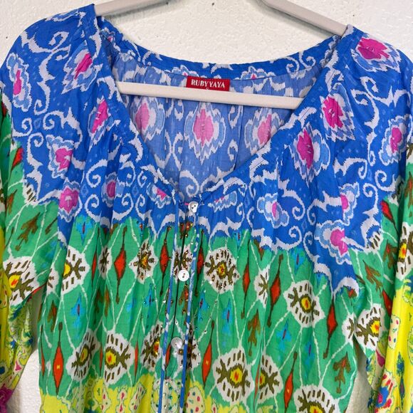 Ruby Yaya Top Womens Small Floral Rhinestone Tassel Resort Art to Wear Boho S - Picture 2 of 12